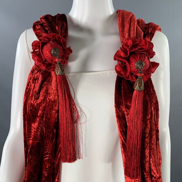 VINTAGE Red Tassels Velvet Venetian Scarf Shawl - Picture 2 of 3